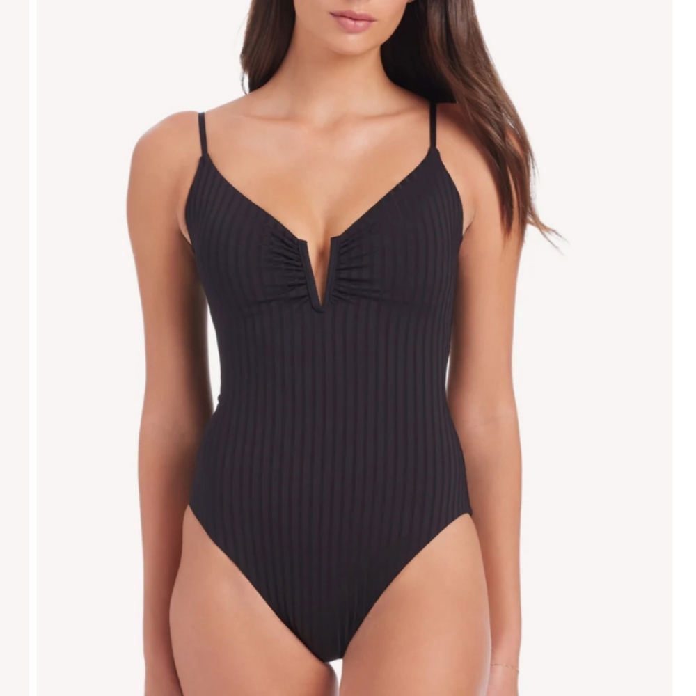 NWT SANCTUARY Refresh Rib V Wire Lace Back One Piece swimsuit black Large